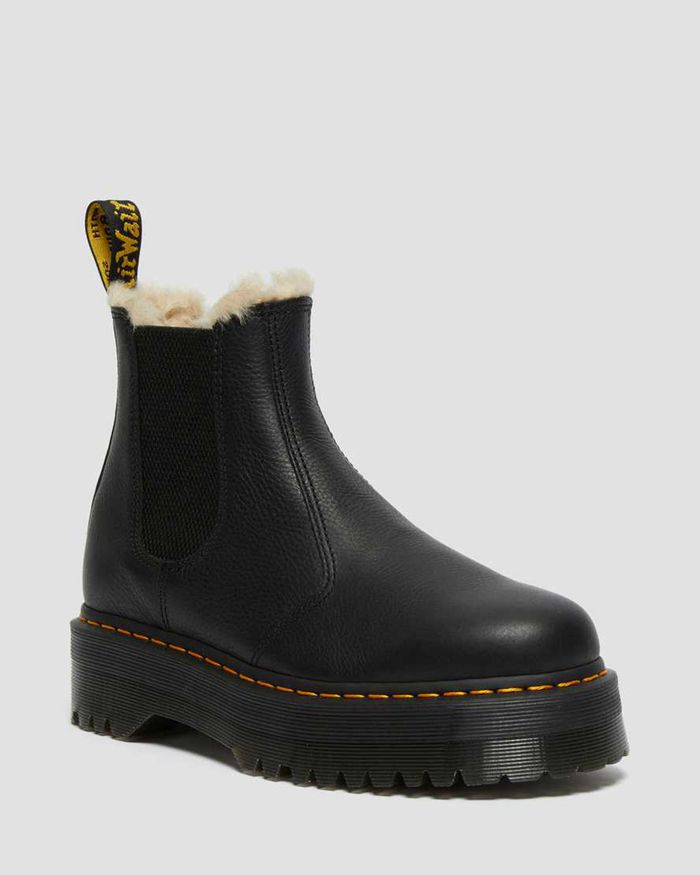 Dr Martens Womens 2976 Faux Fur Lined Platform Chelsea Boots Black - 37142JDOL